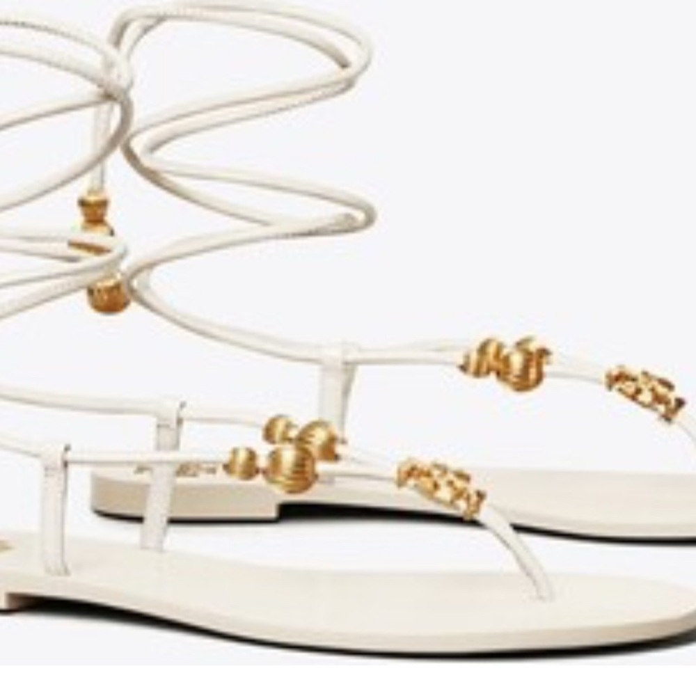 Tory Burch,Capri White and Gold Lace up Sandals with Elegant Charms - Picture 2 of 8